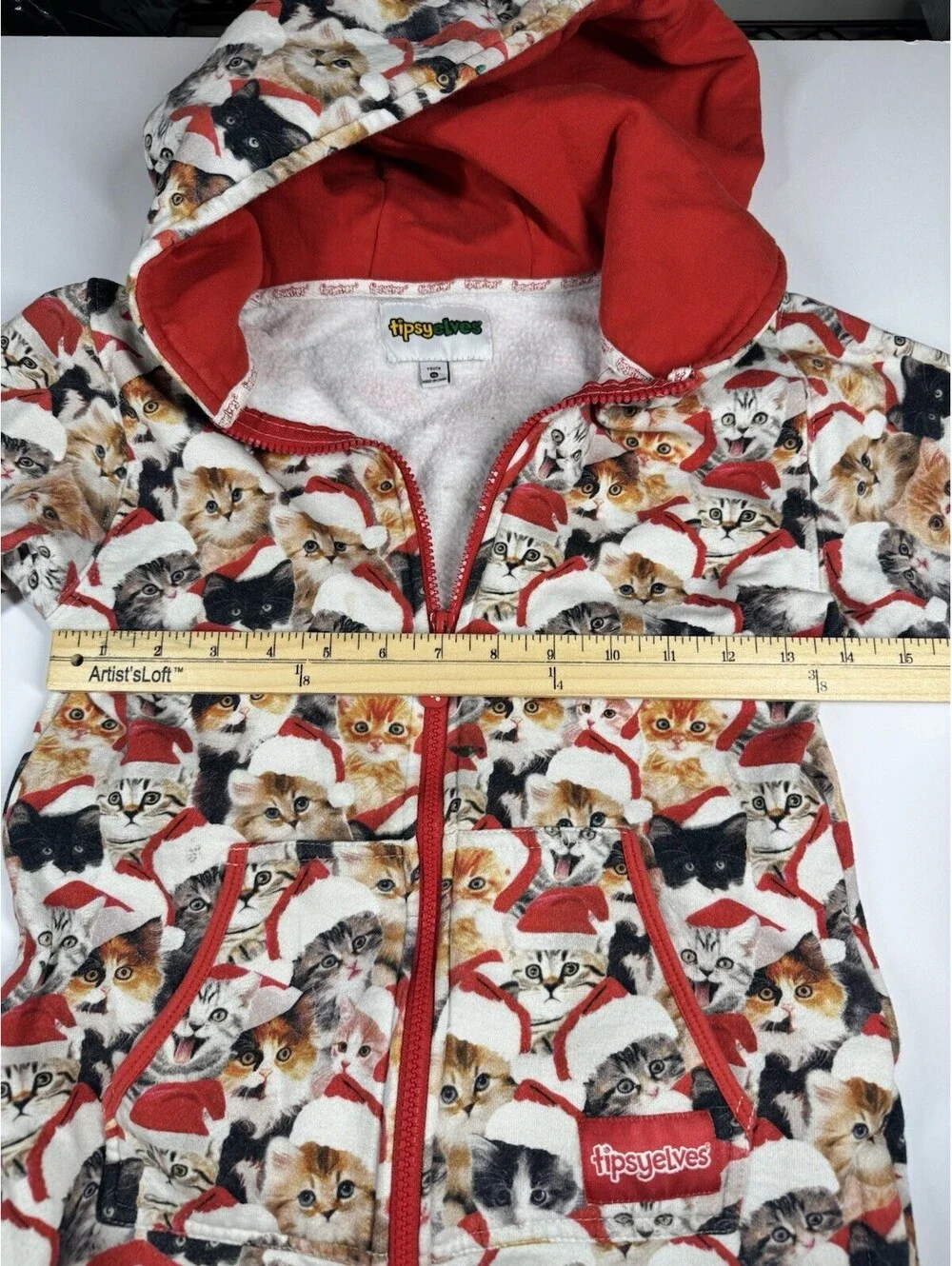 Tipsy Elves Meowy Catmus One Piece JR Lg Unisex Print Cats Hooded W/Pockets Xmas